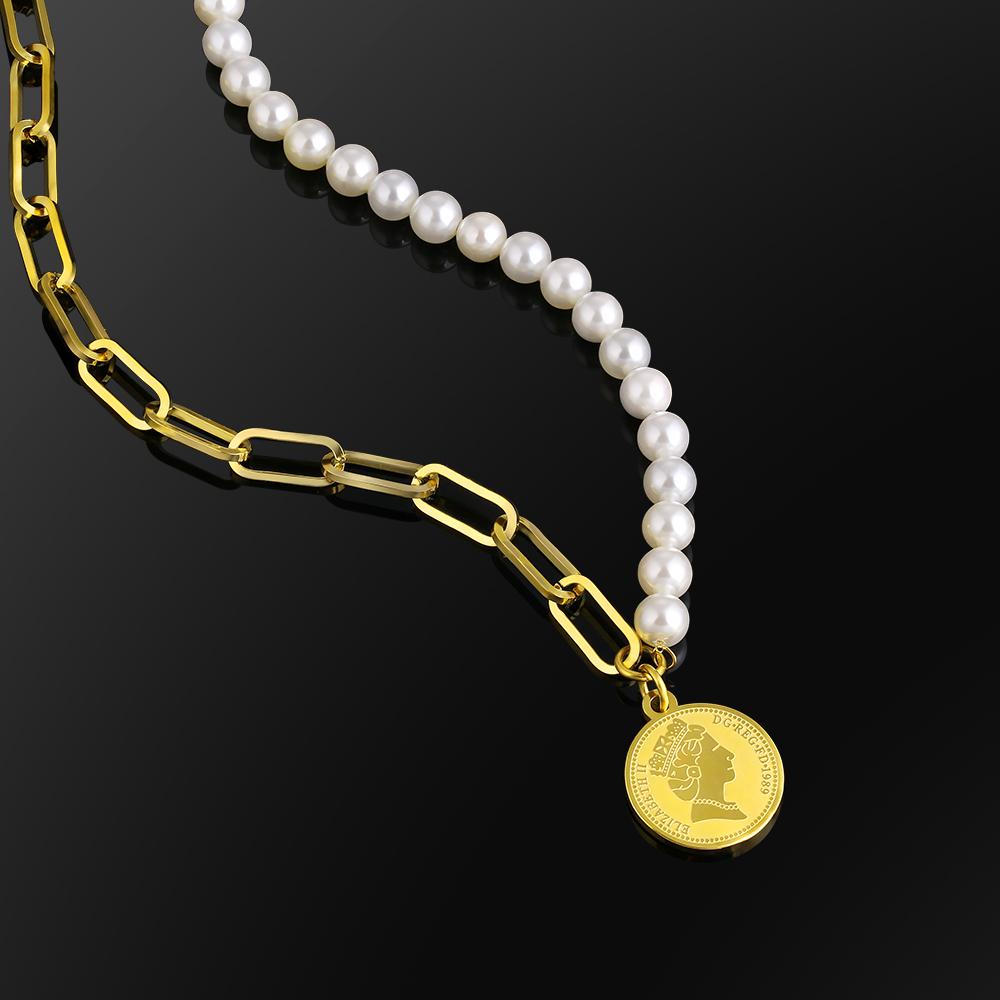 Pearl Necklace and Paper Clip Chain with Coin Pendant